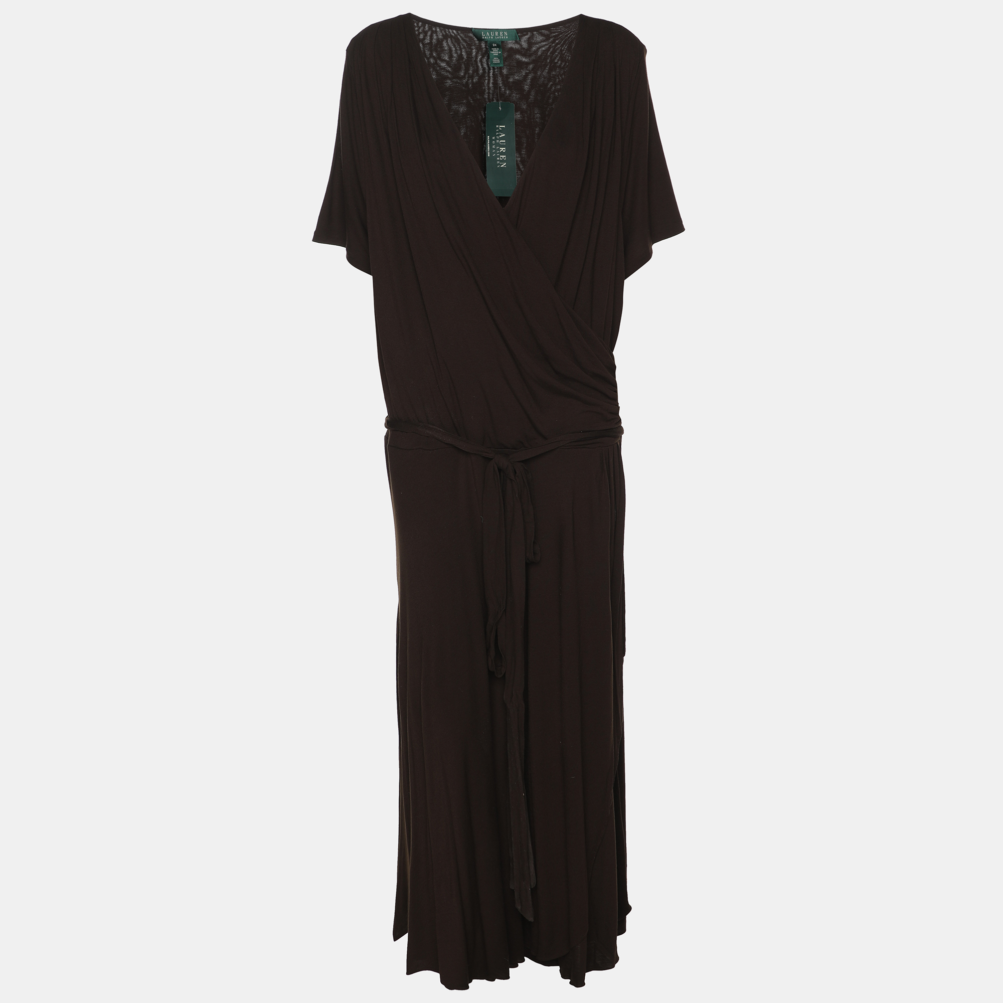 Pre-owned Ralph Lauren Choco Brown Jersey Belted Midi Dress Xxxl