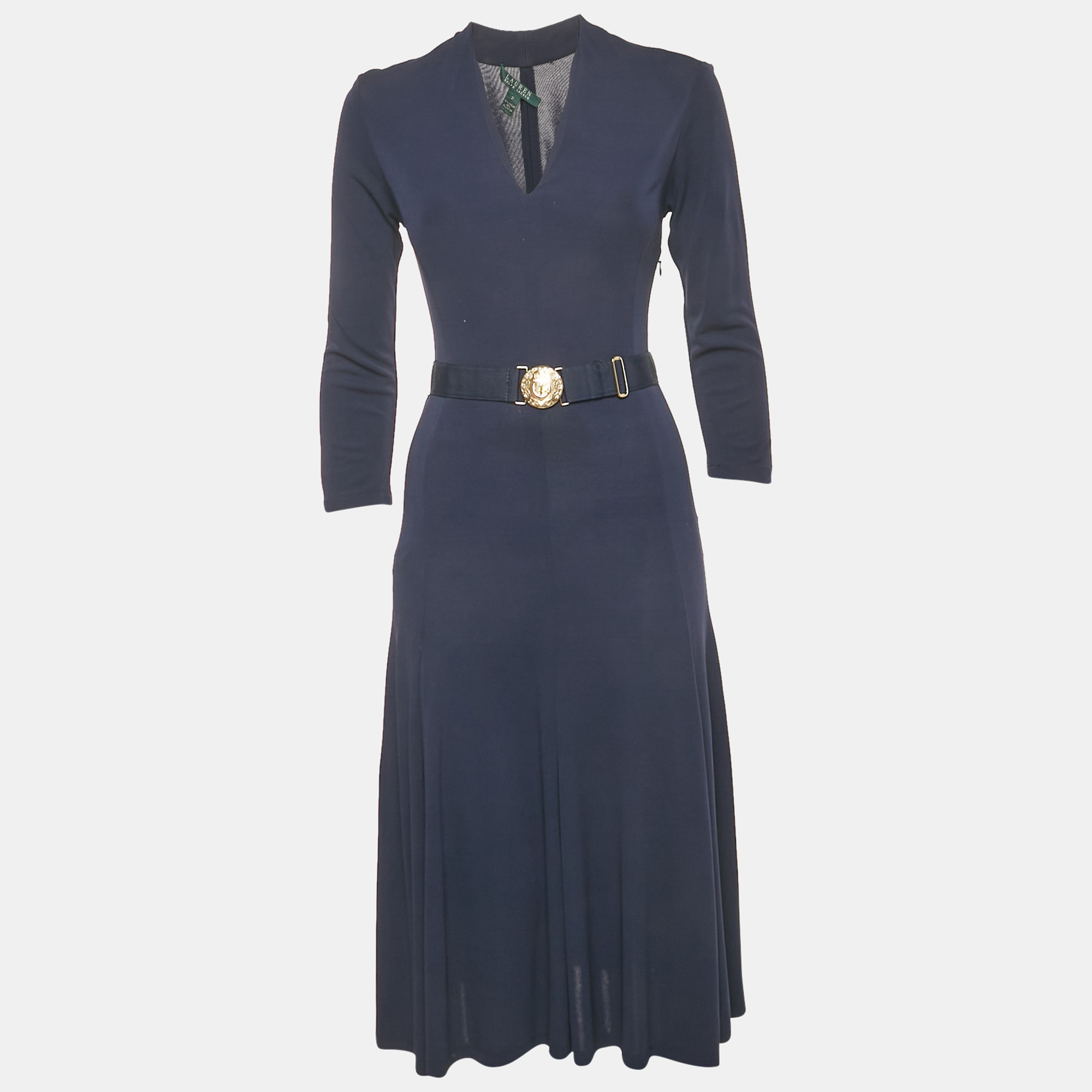 

Lauren Ralph Lauren Navy Blue Jersey Belted V-Neck Midi Dress S