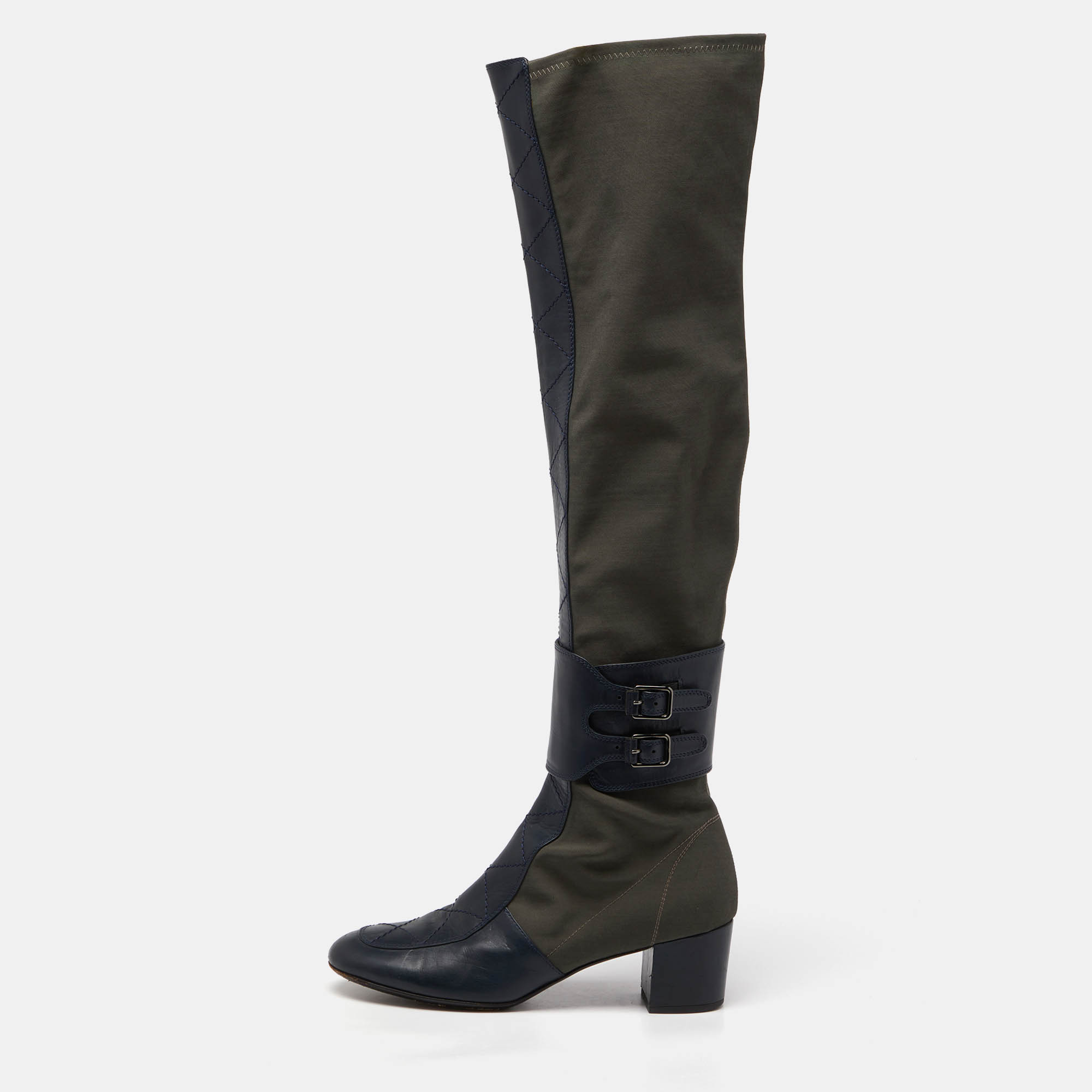 

Laurence Dacade Blue/Olive Green Fabric and Quilted Leather Over The Knee Length Boots Size