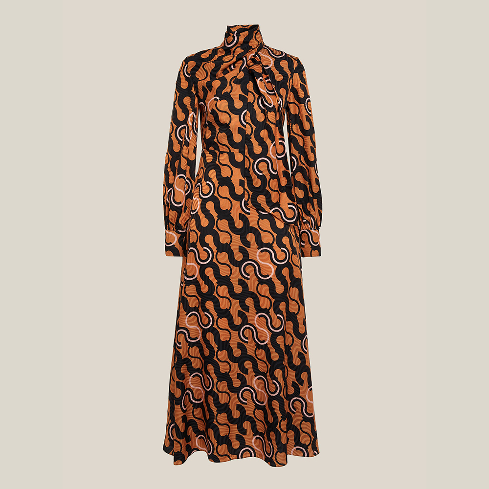 Pre Owned LAYEUR Brown Lee Scarf Neck Printed Cotton-Silk Dress FR 40