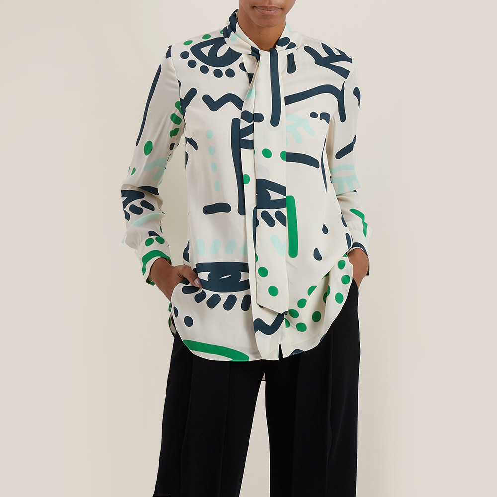 

LAYEUR Cream Borden Scarf Collar Printed Shirt FR 50