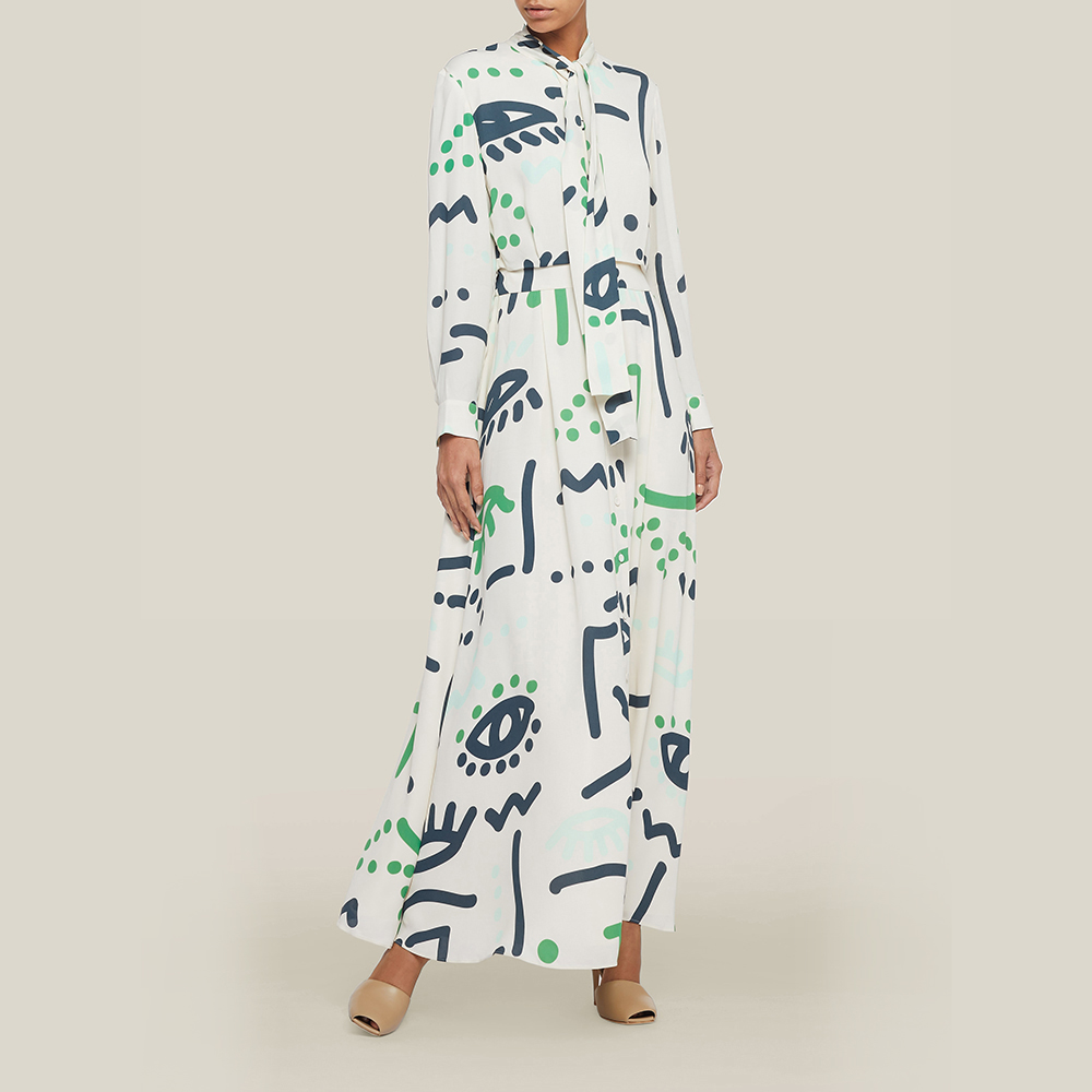 

LAYEUR Cream Whittle Tie-Neck Printed Maxi Dress FR 46