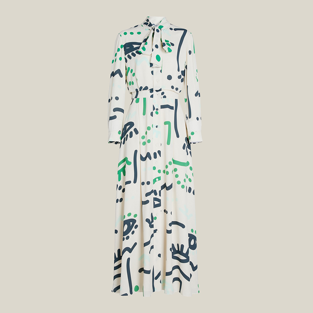 LAYEUR Cream Whittle Tie-Neck Printed Maxi Dress FR 48