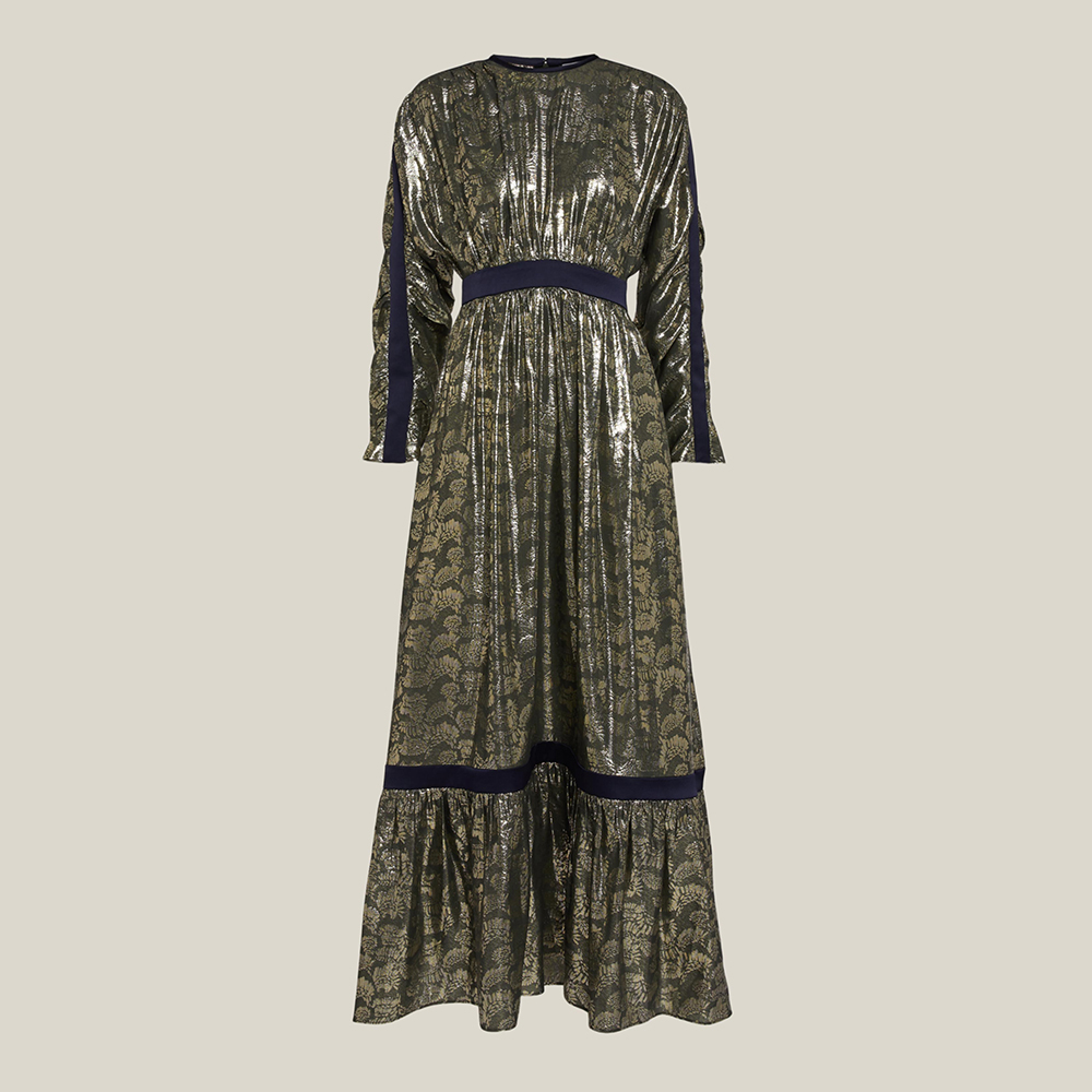 LAYEUR Green Amos Ruffled Hem Metallic Silk-Blend Dress FR 44