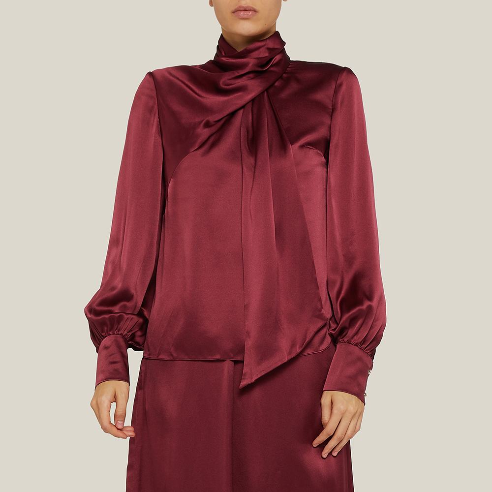 

LAYEUR Red Fine Scarf-Neck Silk Blouse FR 48