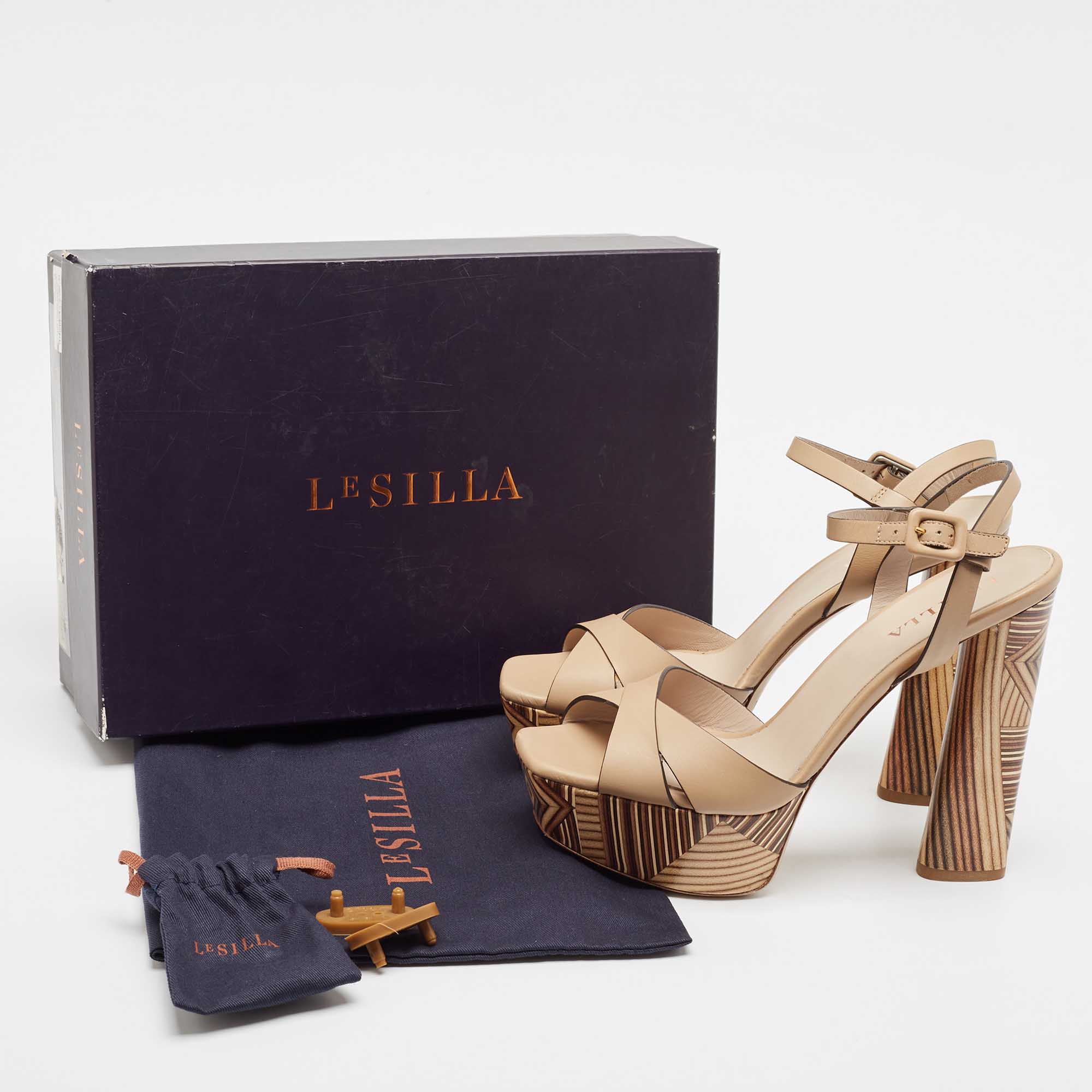 Le Silla Beige Leather Ankle Strap Platform Sandals Size 39 
