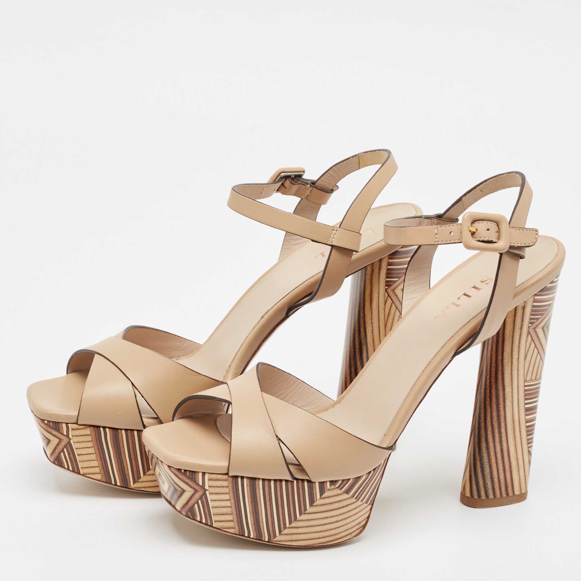 Le Silla Beige Leather Ankle Strap Platform Sandals Size 39 