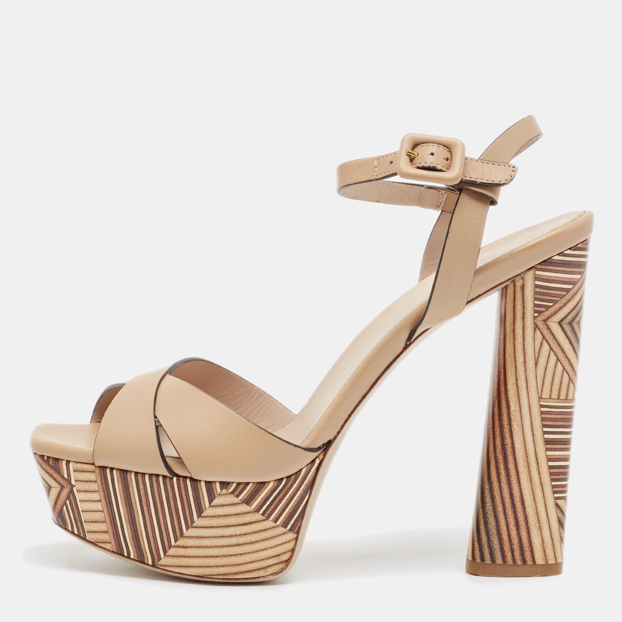 Pre-owned Le Silla Beige Leather Ankle Strap Platform Sandals Size 39