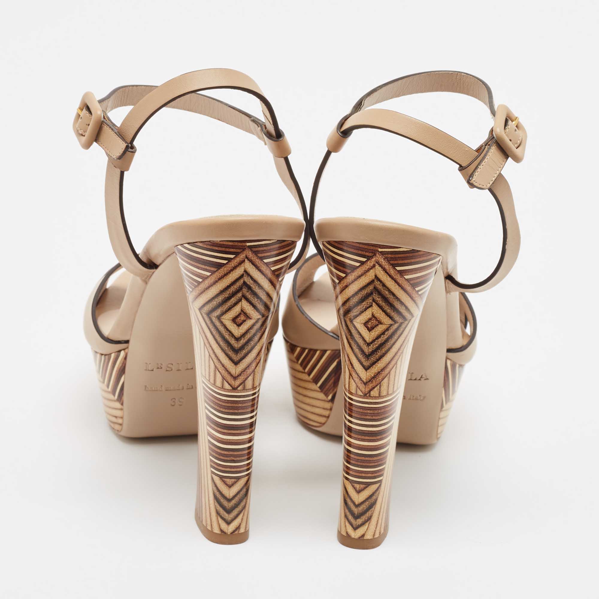 Le Silla Beige Leather Ankle Strap Platform Sandals Size 39 