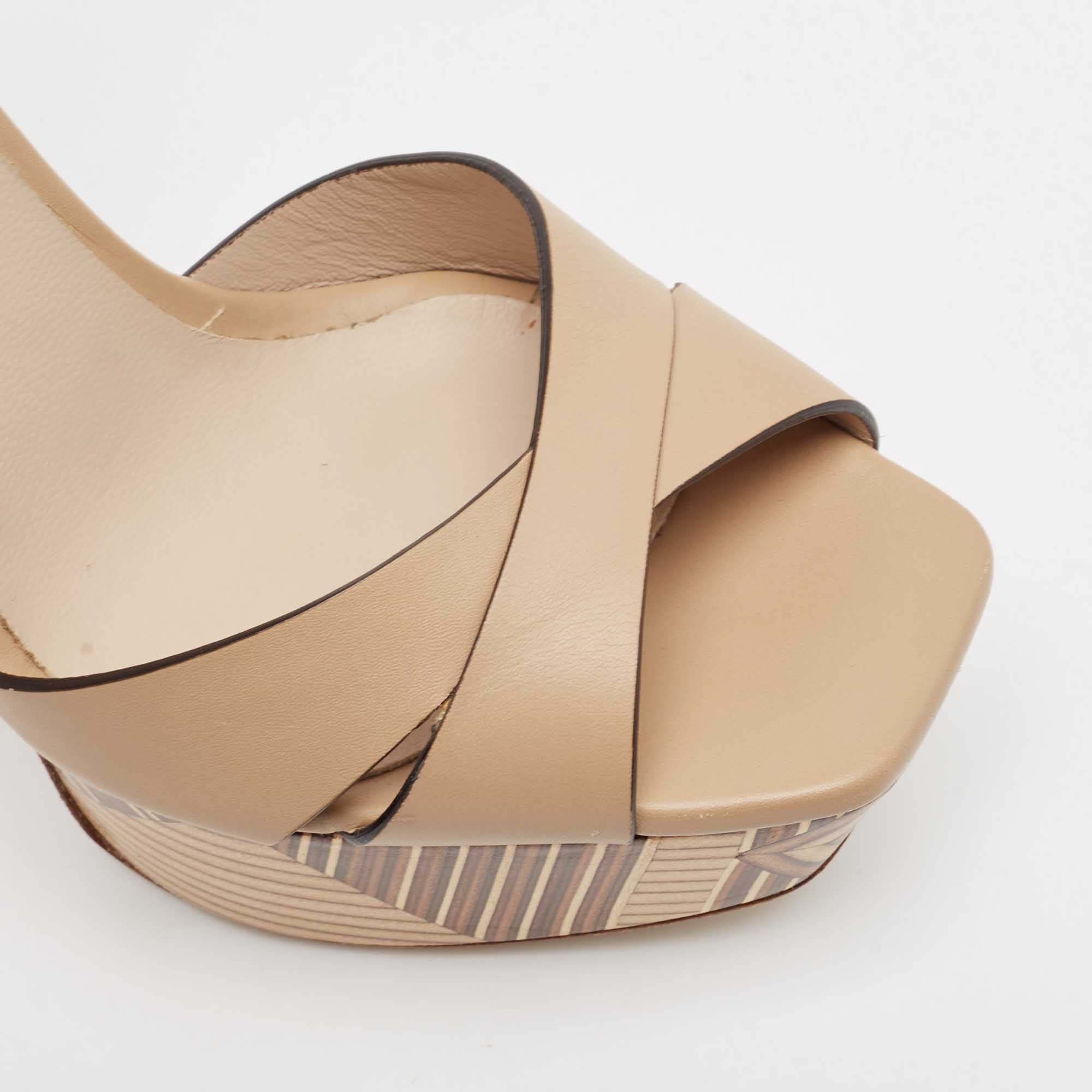Le Silla Beige Leather Ankle Strap Platform Sandals Size 39 