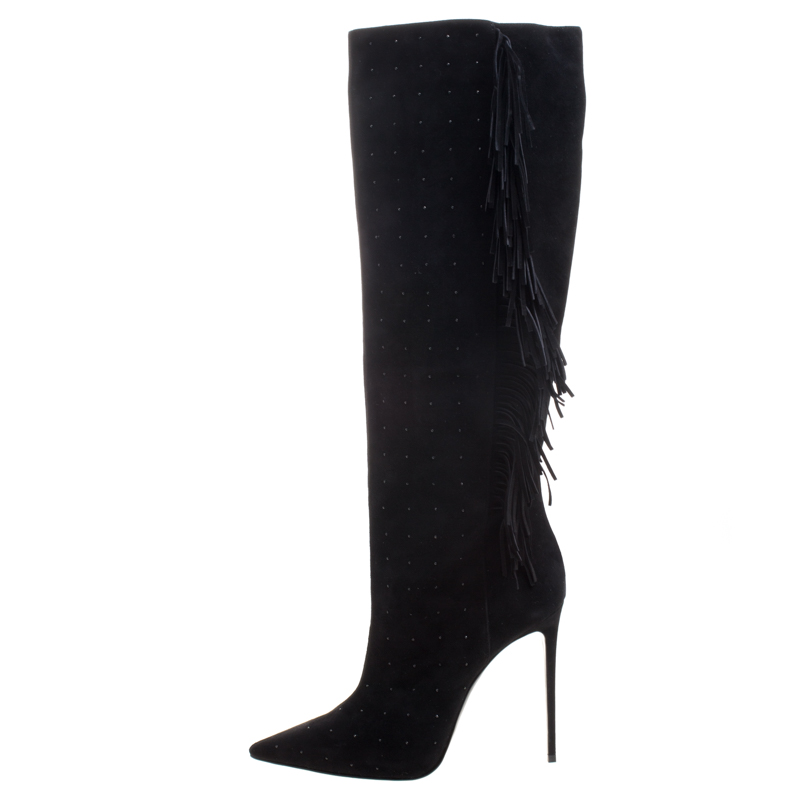 

Le Silla Black Fringed Suede Tiny Velour Knee Length Boots Size