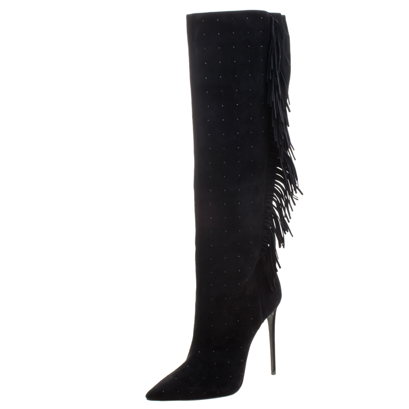 Pre Owned Le Silla Black Fringed Suede Tiny Velour Knee Length Boots Size 40