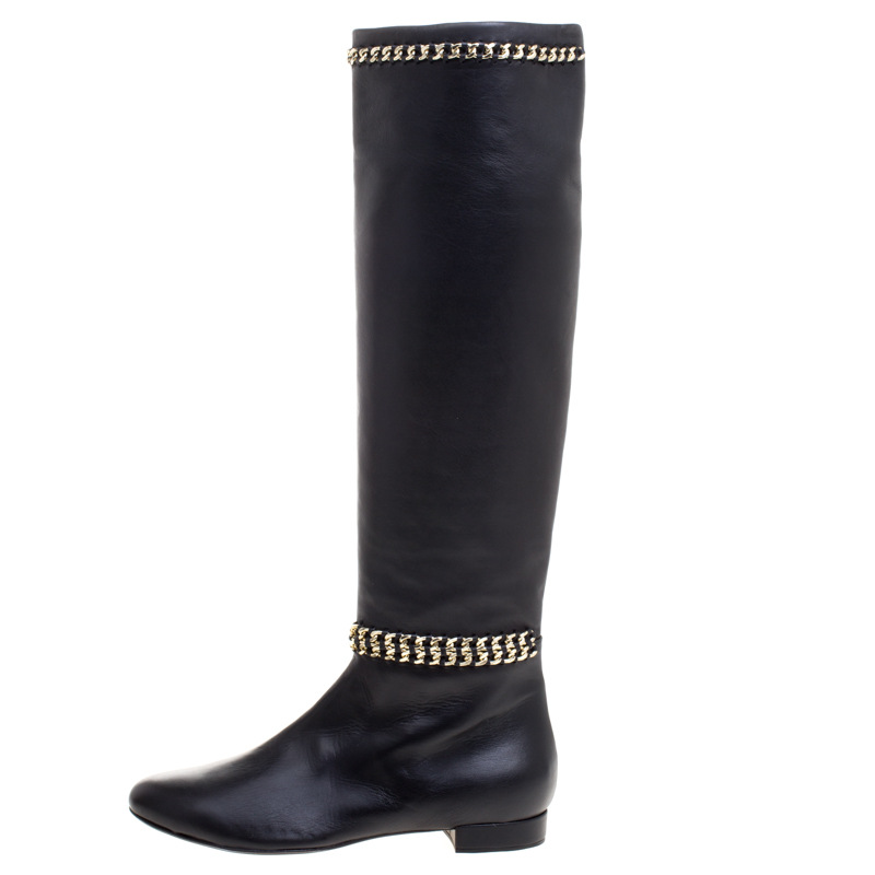 

Le Silla Black Leather Chain Detail Knee High Boots Size