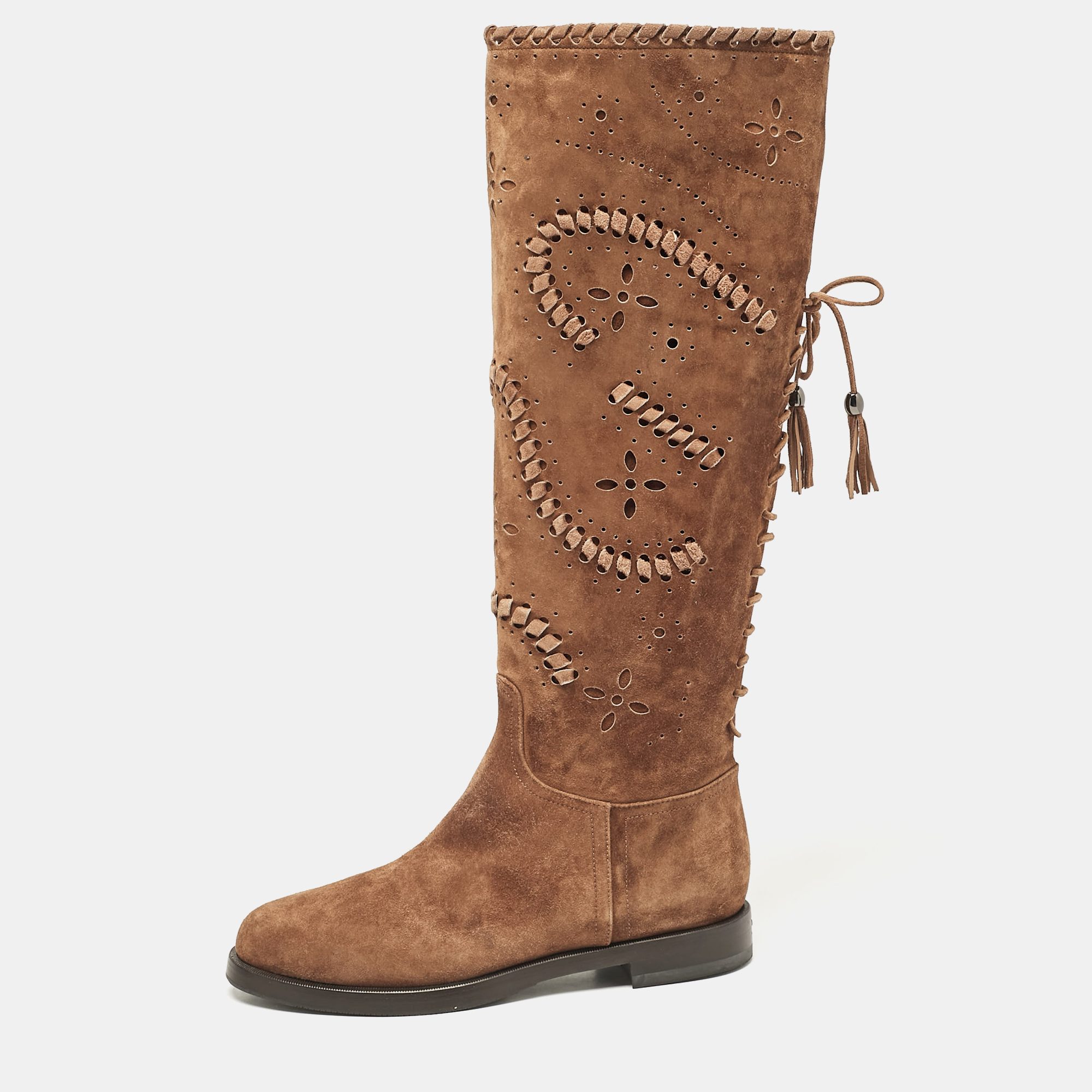 

Le Silla Brown Laser Cut Suede Whipstitched Knee Length Boots Size