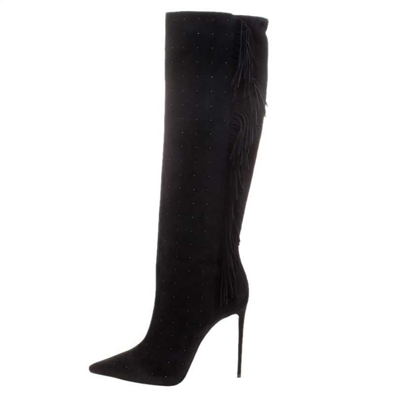 

Le Silla Black Fringed Suede Tiny Velour Knee Length Boots Size