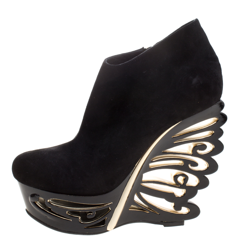 

Le Silla Black Suede Butterfly Wedge Booties Size