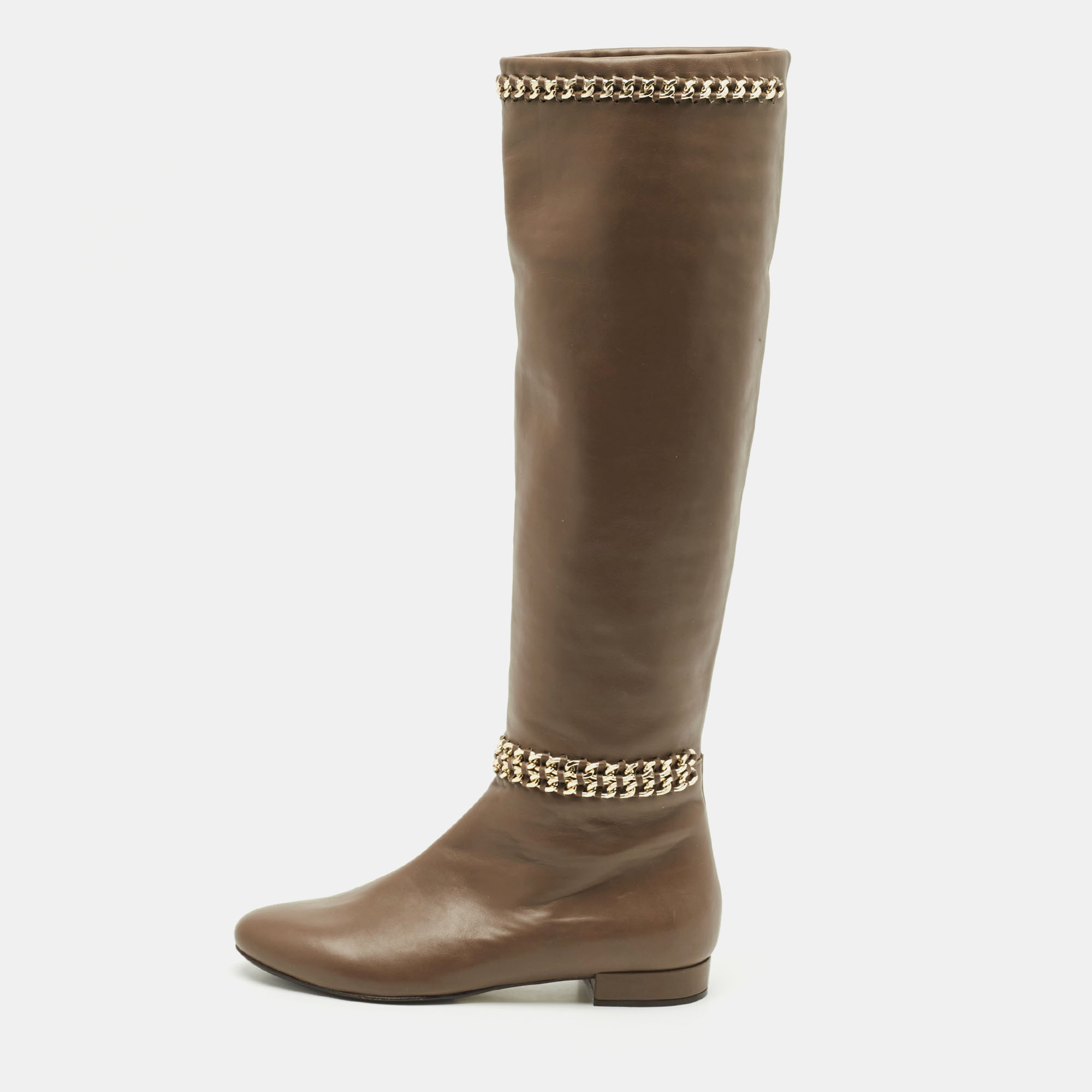 

Le Silla Brown Leather Chain Detail Knee High Boots Size