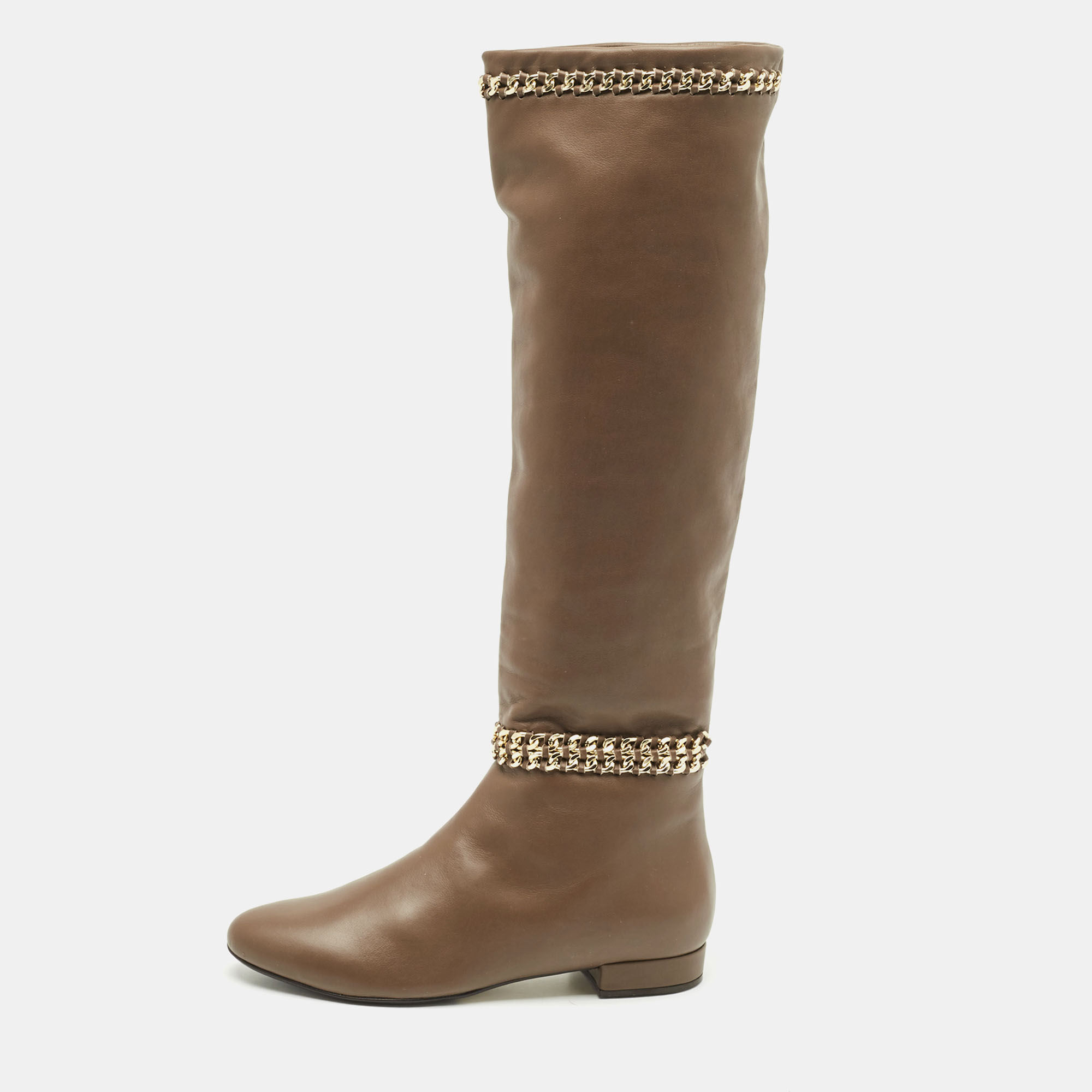 

Le Silla Brown Leather Chain Detail Knee High Boots Size