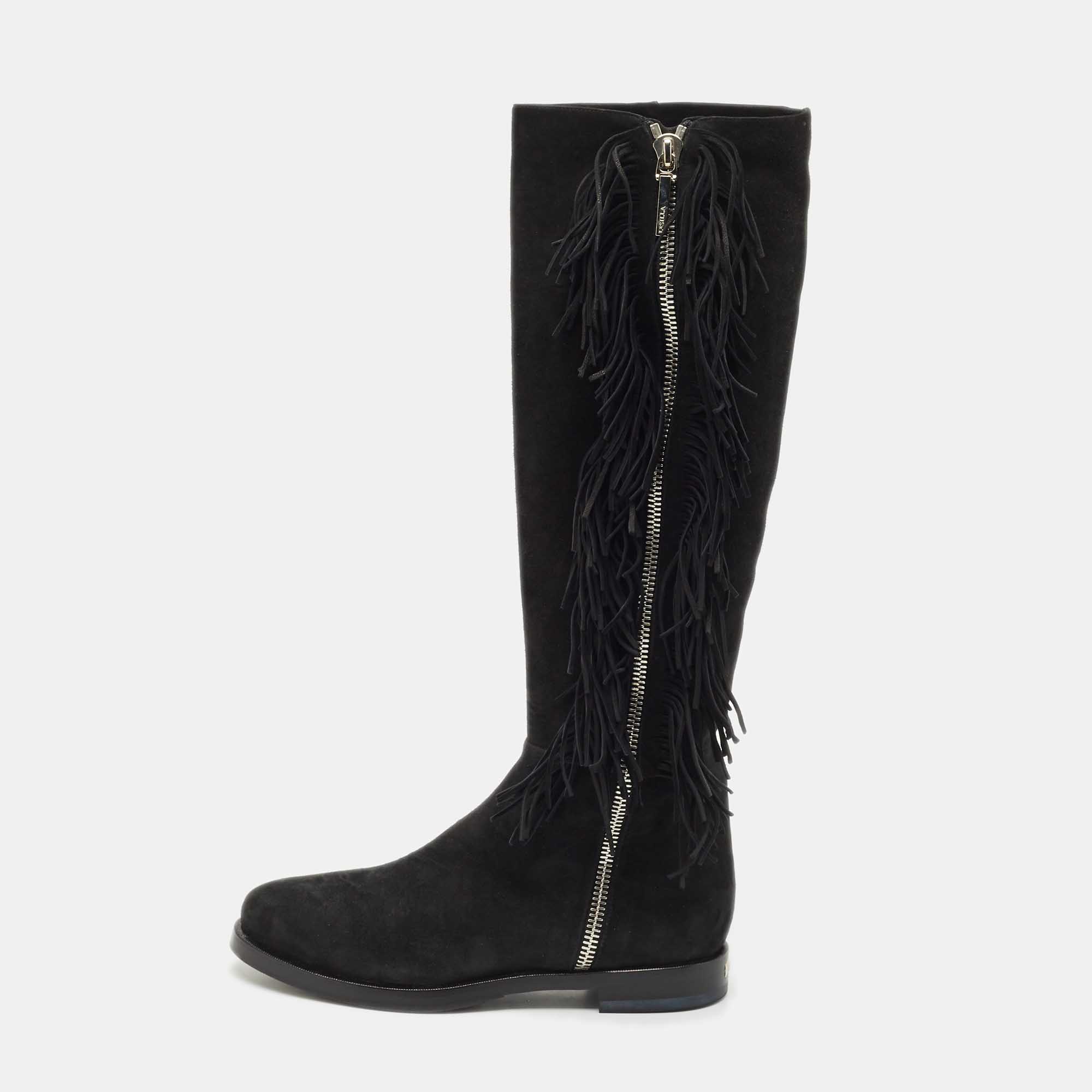 

Le Silla Black Suede Fringe Trim Knee Length Boots Size