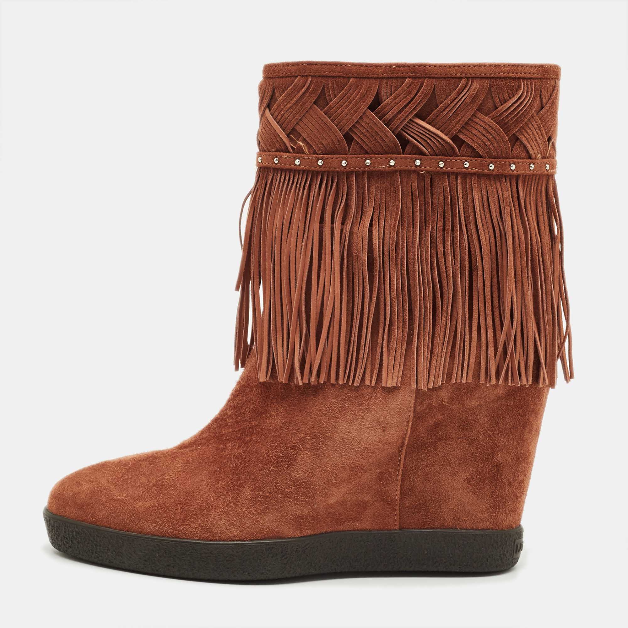 Pre-owned Le Silla Brown Suede Fringe Wedge Ankle Length Boots Size 36