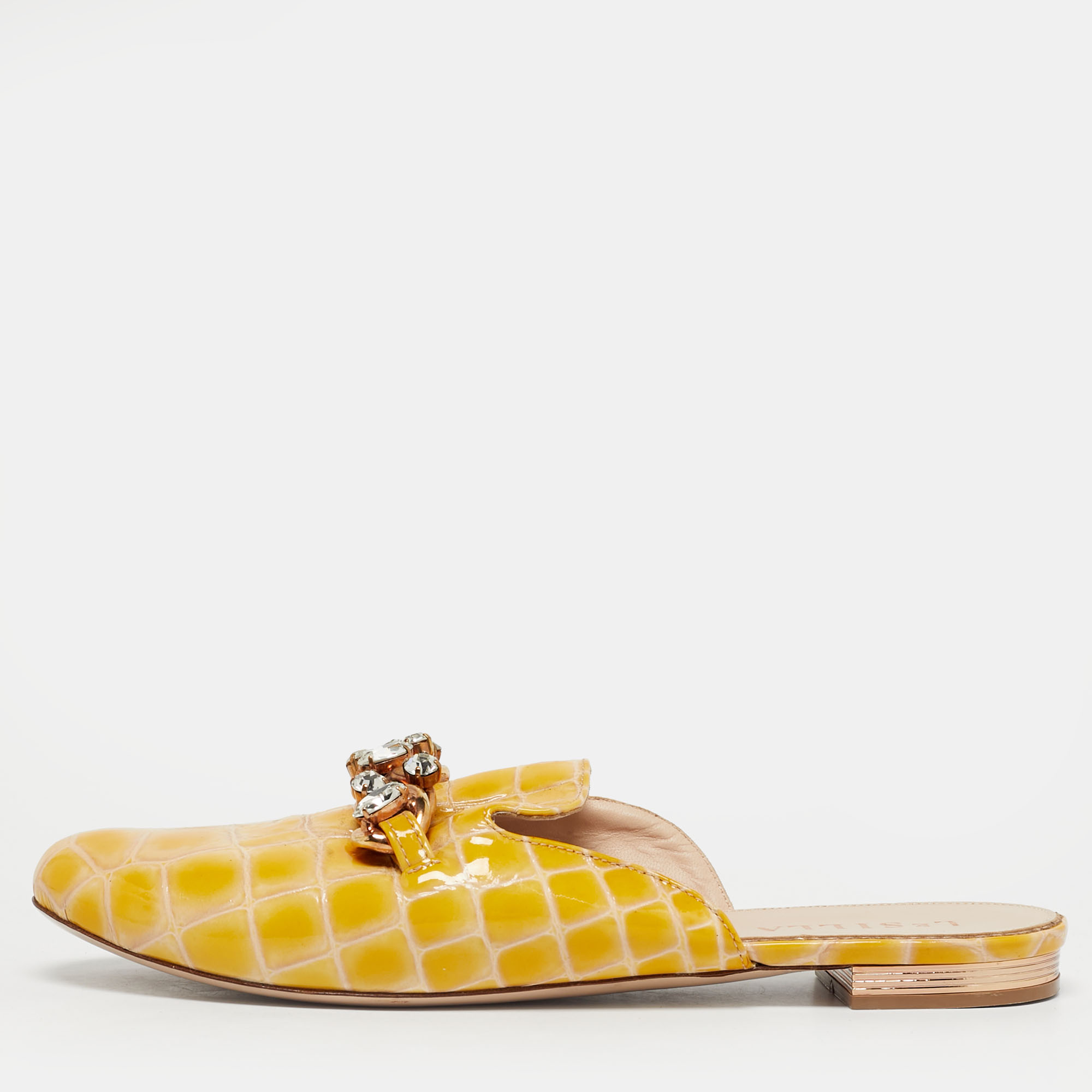 Pre-owned Le Silla Yellow Croc Embossed Patent Leather Crystal Embellished Chain Flat Mules Size 37