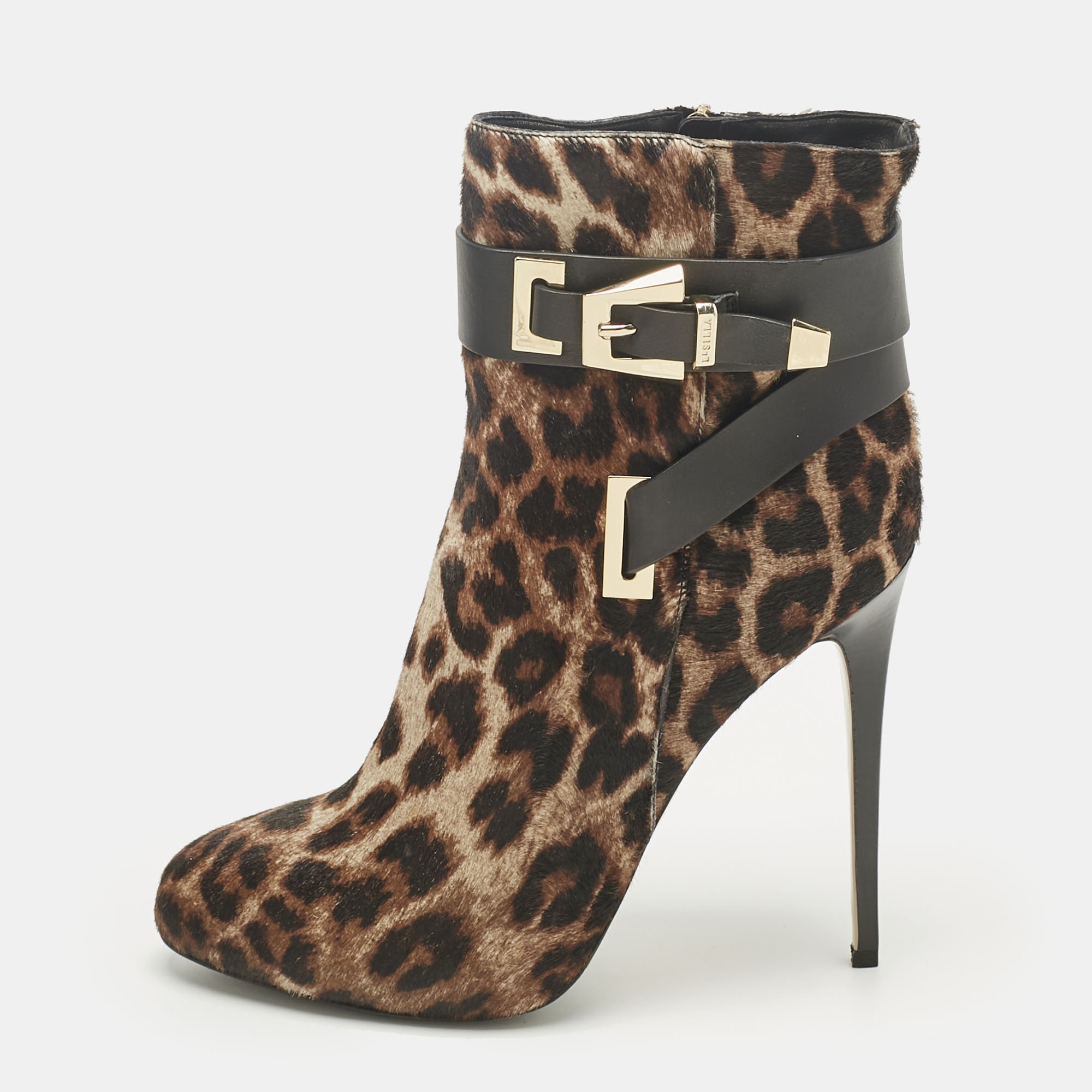 Pre-owned Le Silla Brown/black Calf Hair And Leather Ankle Booties Size 38.5
