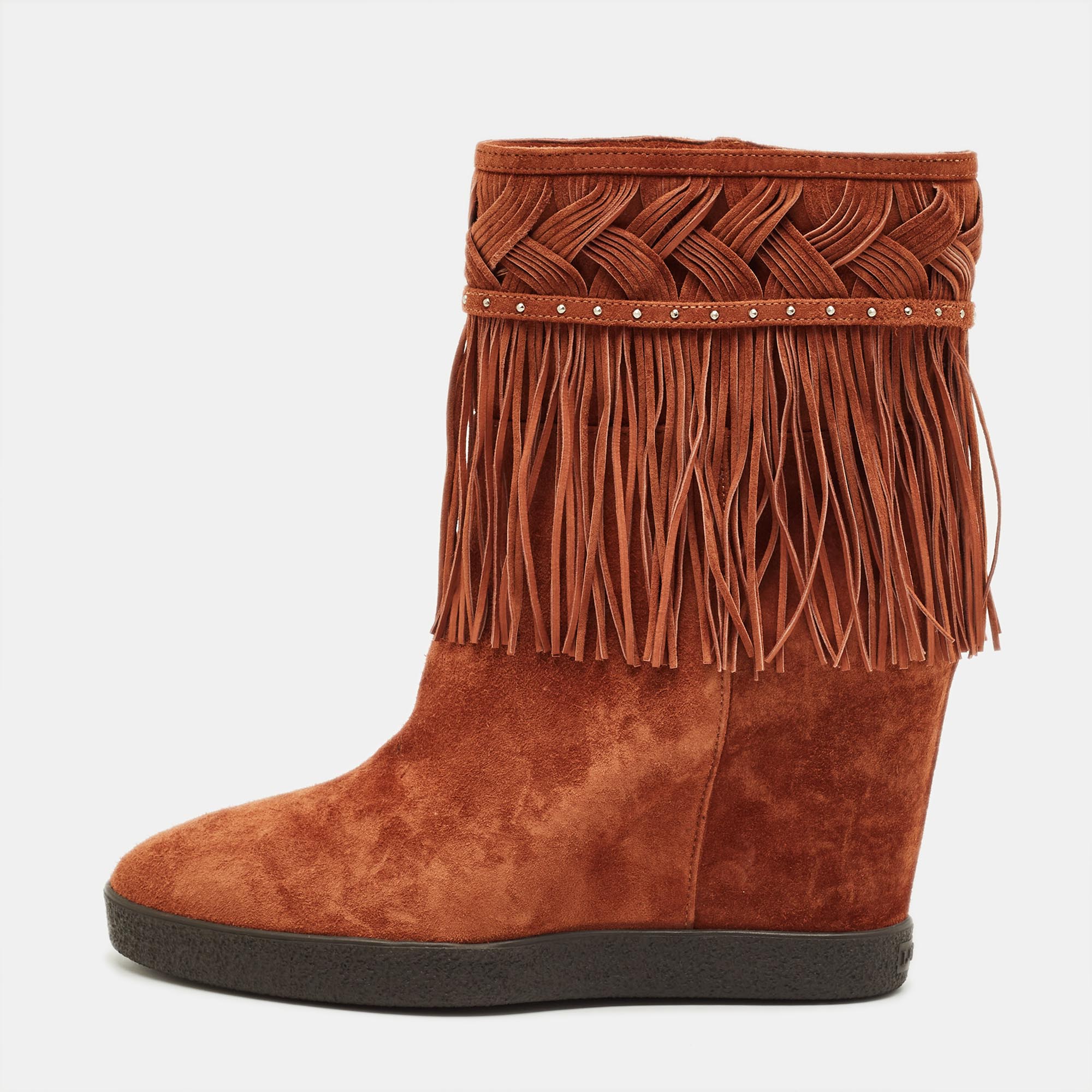 Pre-owned Le Silla Brown Suede Fringe Wedge Ankle Boots Size 38