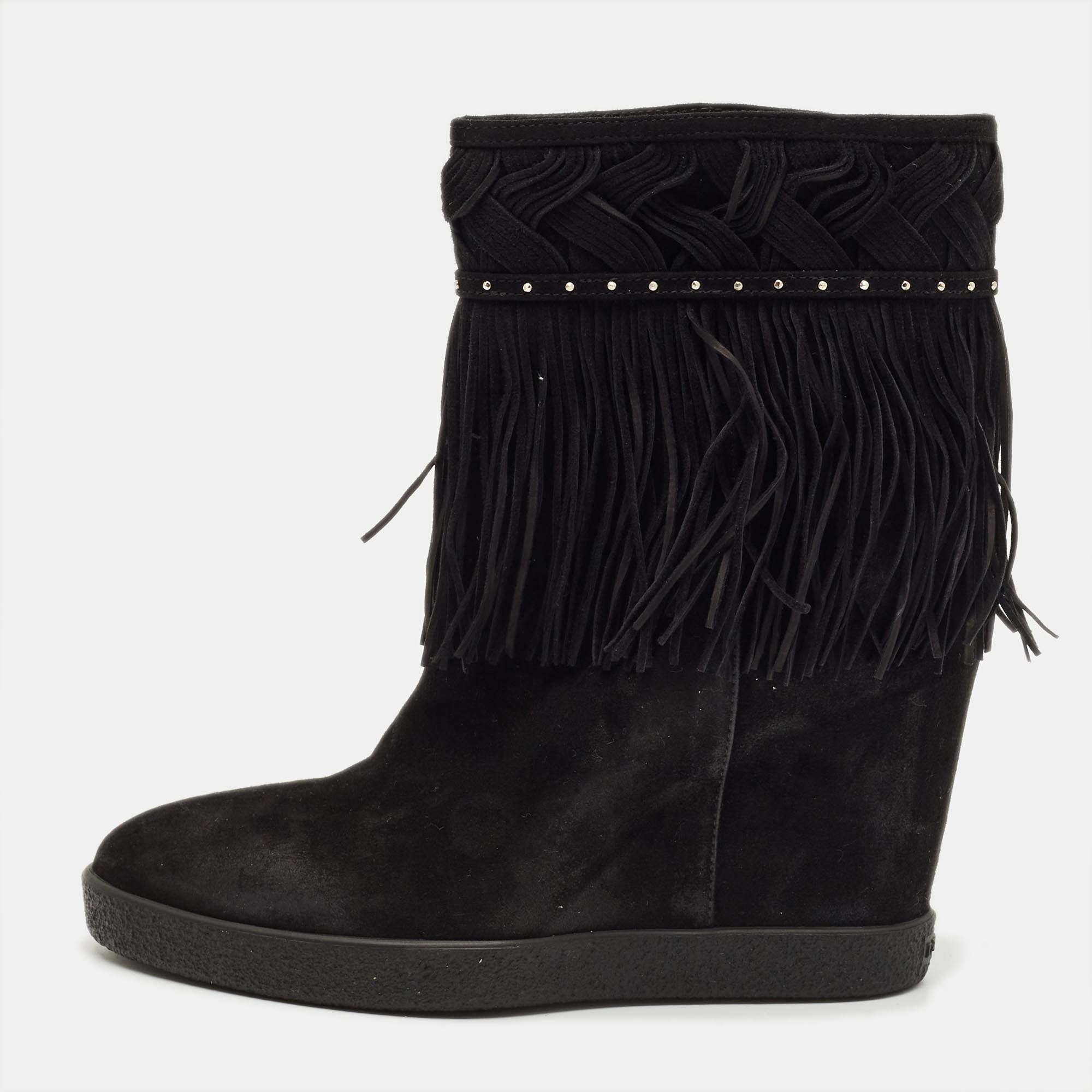 

Le Silla Black Suede Fringe Wedge Ankle Boots Size