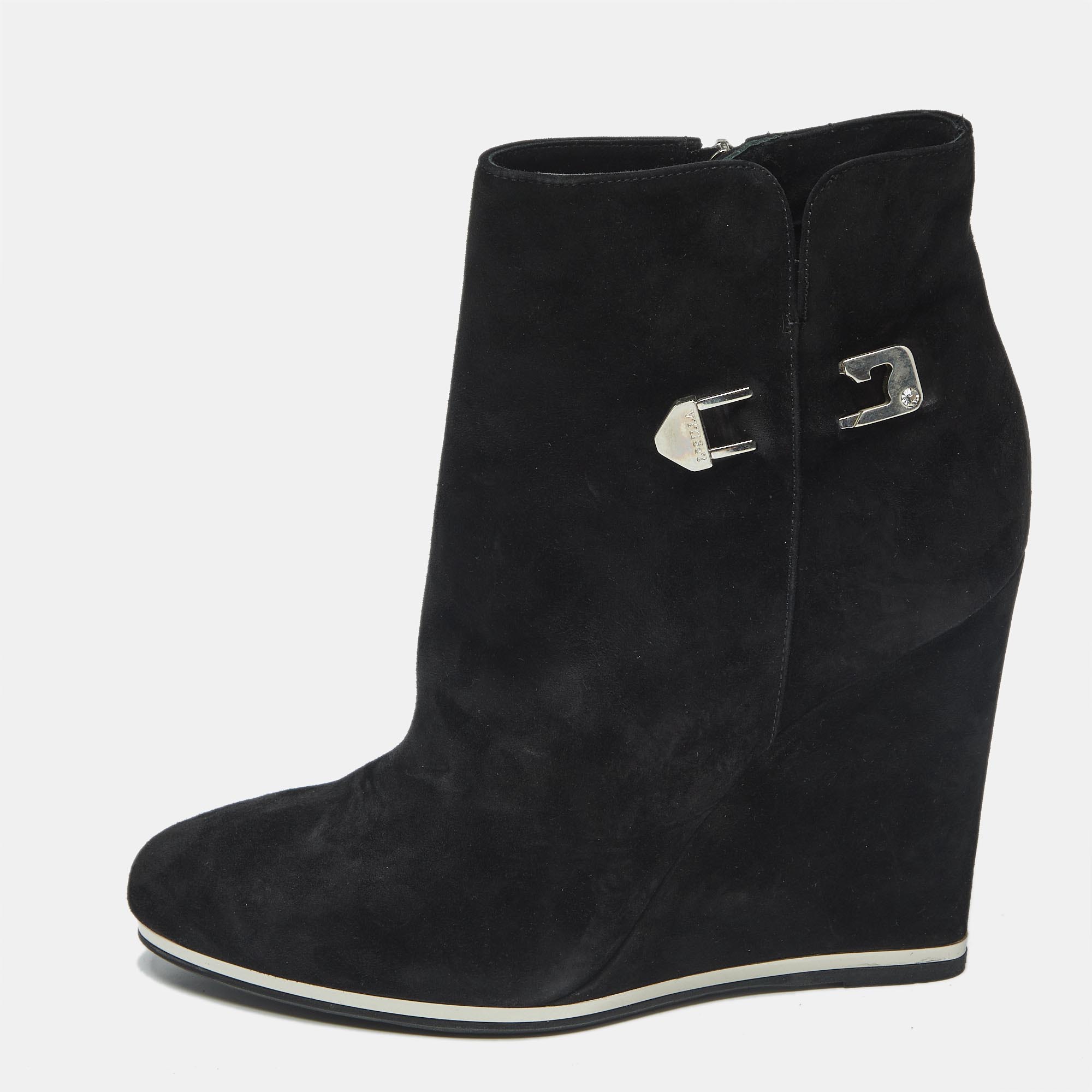 Pre-owned Le Silla Black Suede Wedge Ankle Boots Size 40
