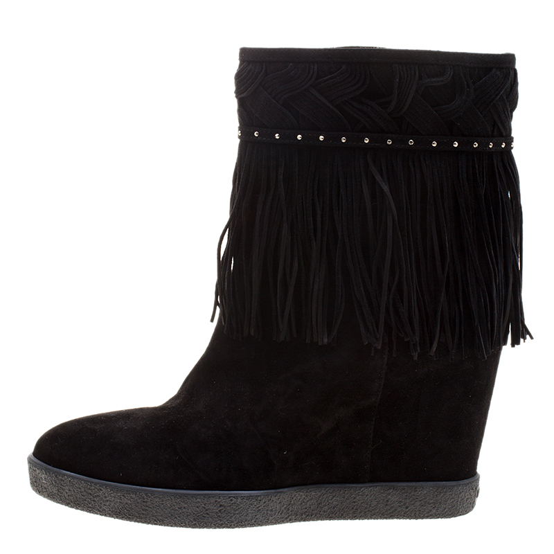 

Le Silla Black Suede Concealed Fringed Wedge Boots Size