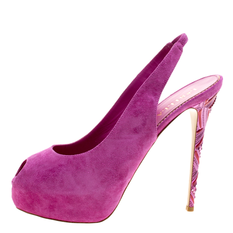 

Le Silla Fuchsia Pink Suede Peep Toe Crystal Embellished Heel Platform Slingback Sandals Size