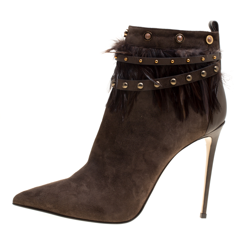 

Le Silla Brown Suede Feather Trimmed Pointed Toe Ankle Boots Size