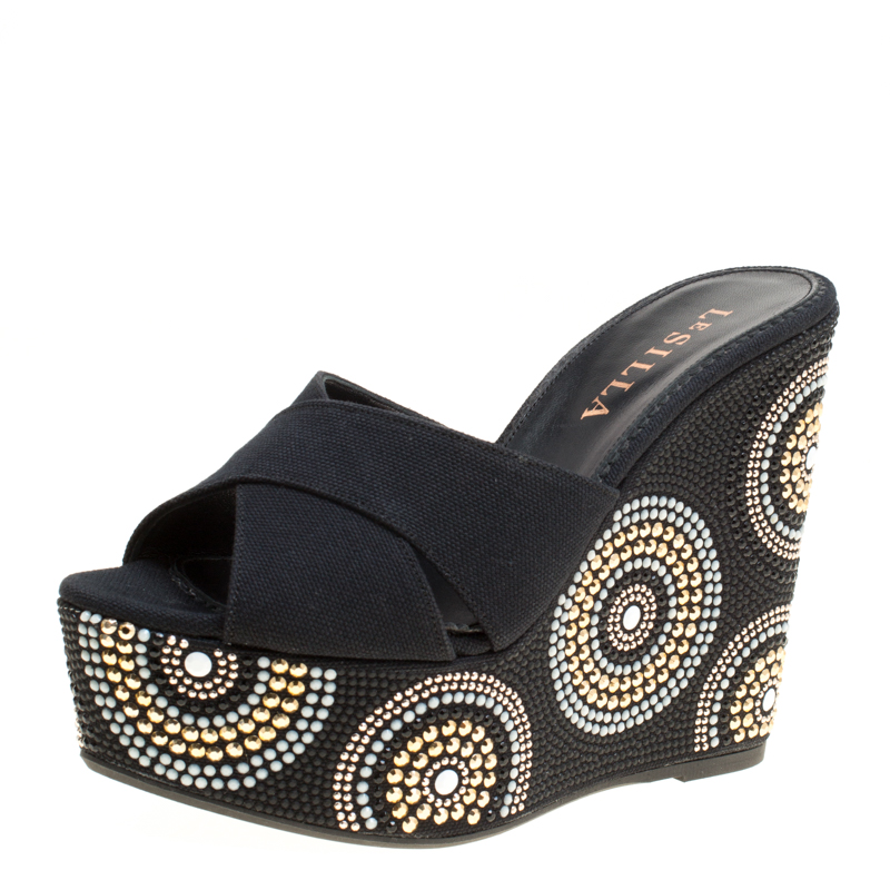 Le Silla Black Canvas Embellished Wedge Platform Cross Strap Slides Size 36
