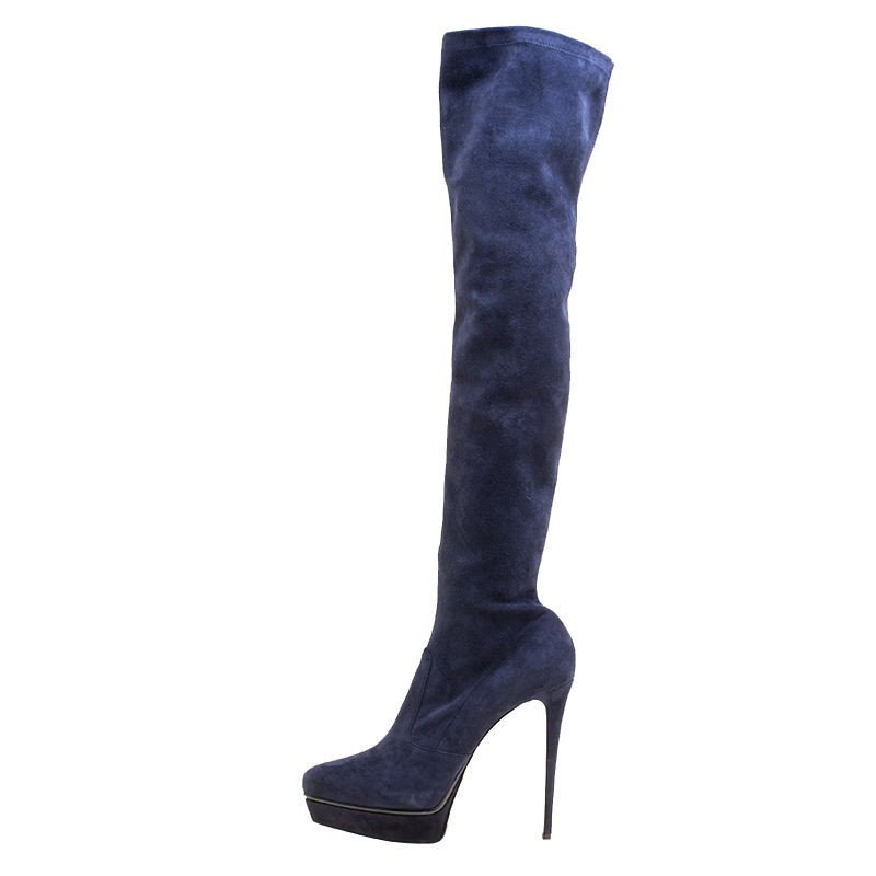 

Le Silla Navy Blue Stretch Velour Knee High Pointed Toe Boots Size