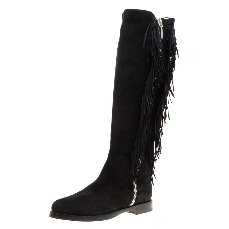 Le Silla Black Suede Fringe Trim Knee Length Boots Size 37.5