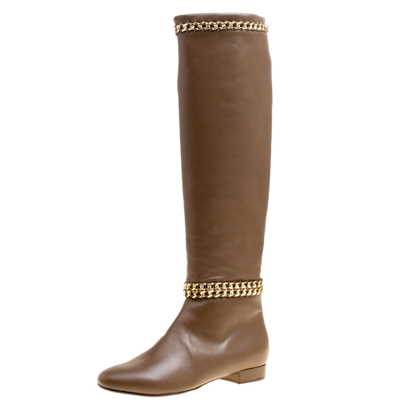 Le Silla Brown Leather Chain Detail Knee High Boots Size 38.5