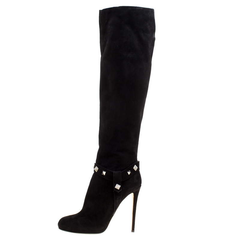 

Enio Silla For Le Silla Black Suede Crystal Embellished Pyramid Studs Knee Length Boots Size