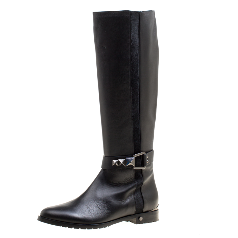 Pre Owned Le Silla Black Leather And Pony Hair Trim Knee High Boots Size 38