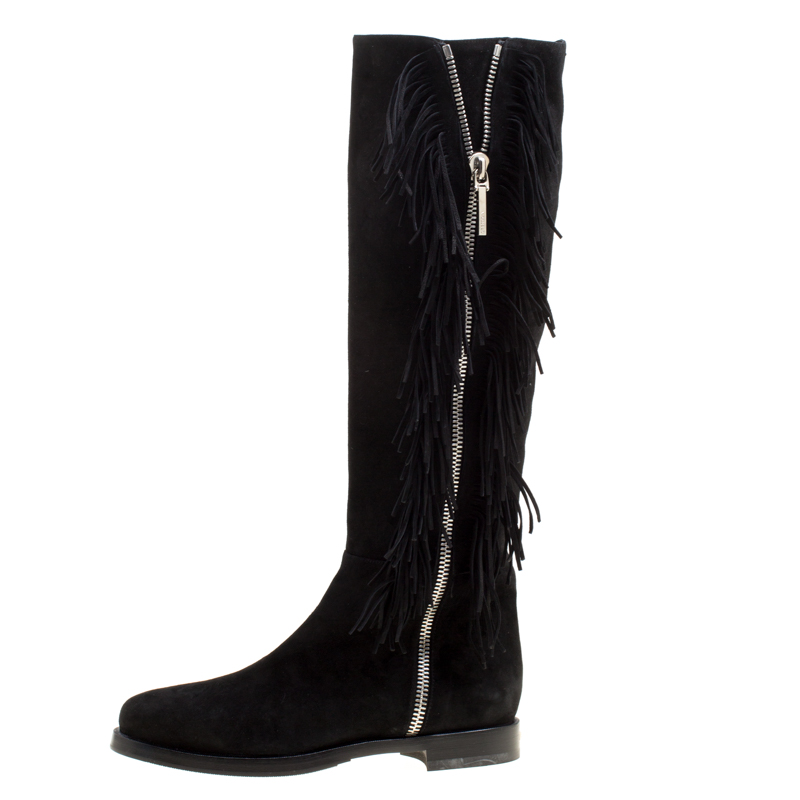 

Le Silla Black Suede Fringe Trim Knee Length Boots Size