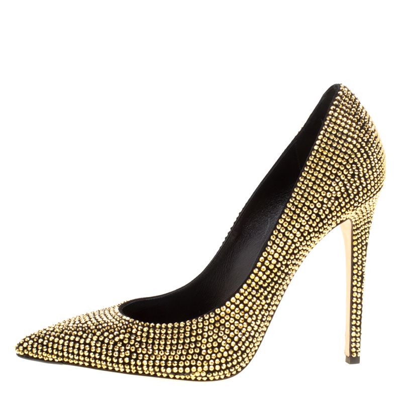 

Enio Silla For Le Silla Metallic Gold Crystal Embellished Suede Pointed Toe Pumps Size