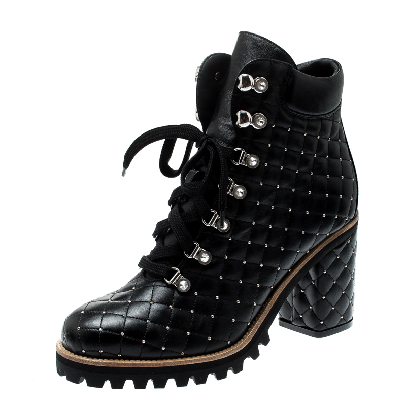 Le Silla St.Moritz Black Quilted Leather Block Heel Trekking Boots Size 40