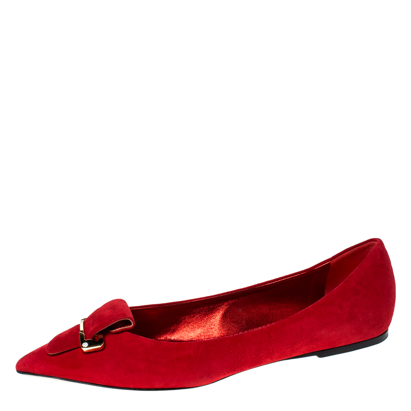 Pre Owned Le Silla Red Suede Safety Pin Brooch Pointed Toe Ballet Flats Size 40