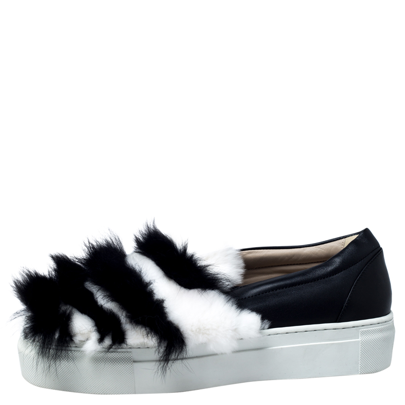 

Le Silla Monochrome Leather And Fur Slip On Sneakers Size, Black