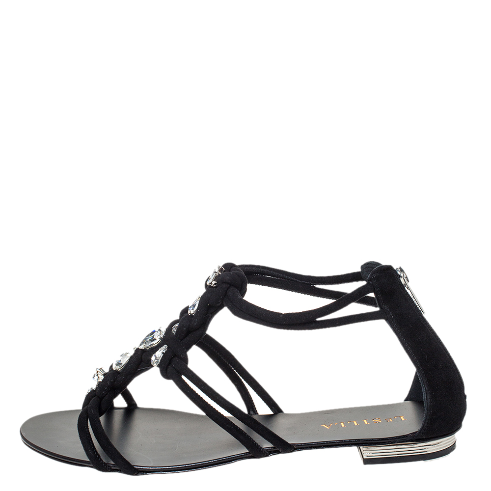 

Le Silla Black Suede Leather Crystal Embellished Knot Flat Sandals Size