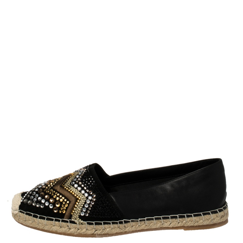 

Le Silla Black Leather And Suede Embellished Espadrille Flats size