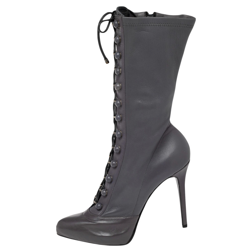 

Le Silla Grey Leather Lace Up Mid Calf Boots Size