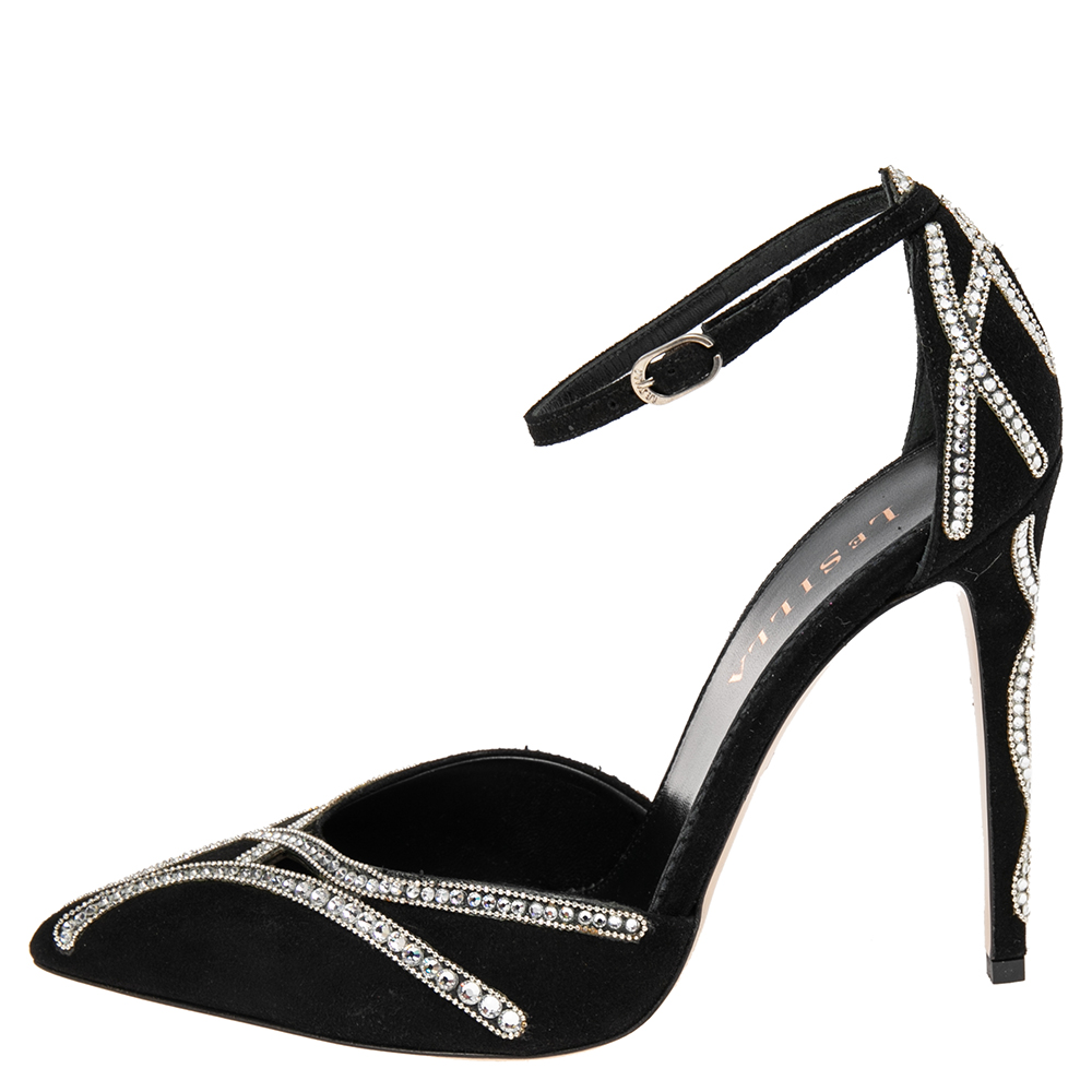 

Le Silla Black Suede Crystal Studded Ankle Strap Pointed Toe Sandals Size