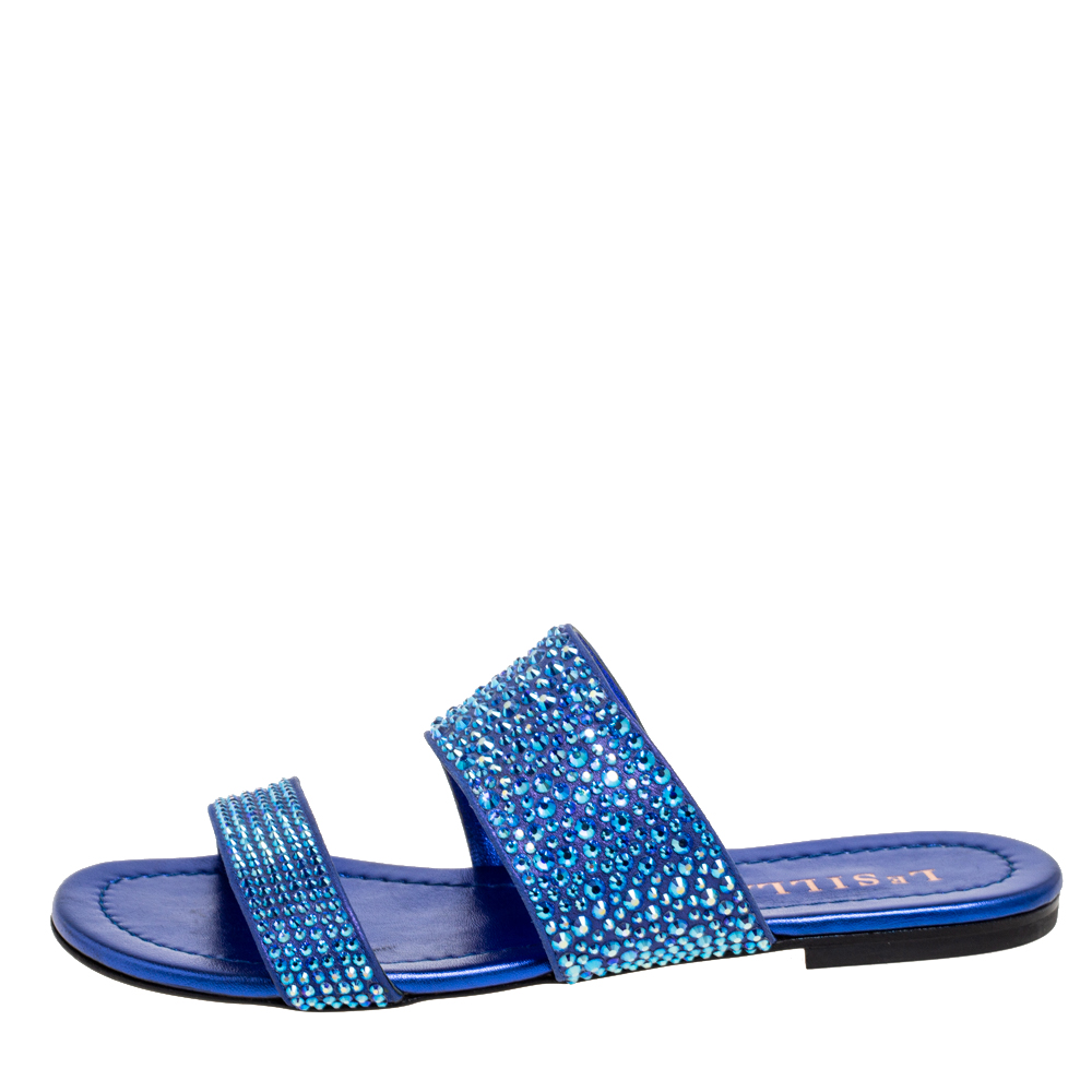 

Le Silla Blue Leather And Crystal Embellished Suede Flat Slides Size