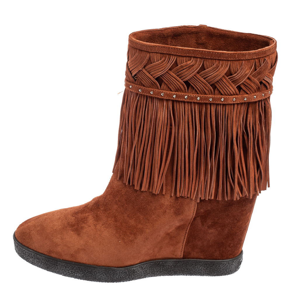 

Le Silla Brown Suede Concealed Fringed Wedge Boots Size