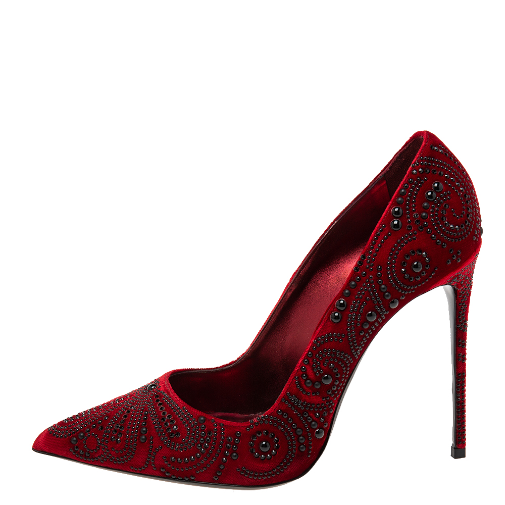 

Le Silla Red Velvet Crystal Embellished Pointed Toe Pumps Size